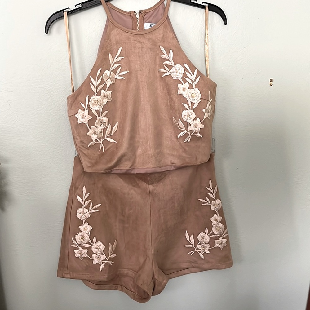 Vegan suede embroidered high waist shorts and matching crop halter top.